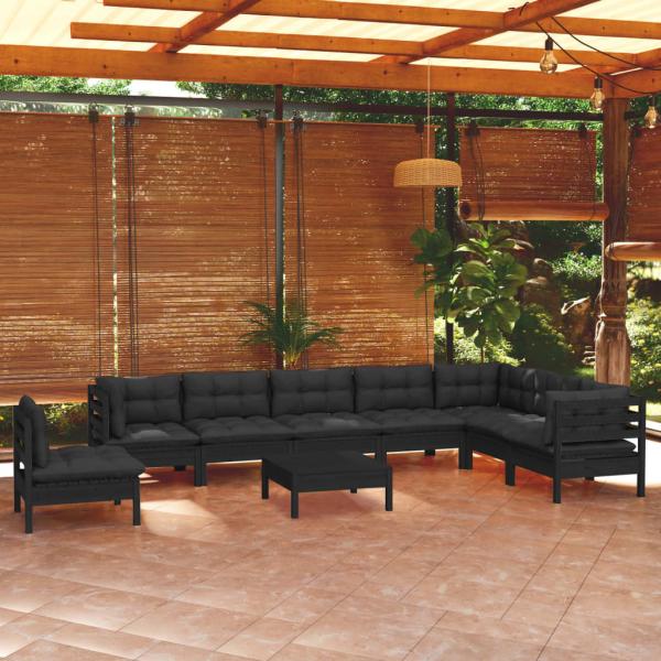 ARDEBO.de - 9-tlg. Garten-Lounge-Set mit Kissen Schwarz Massivholz Kiefer