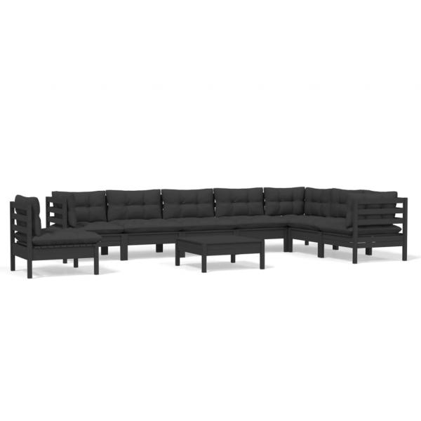 9-tlg. Garten-Lounge-Set mit Kissen Schwarz Massivholz Kiefer