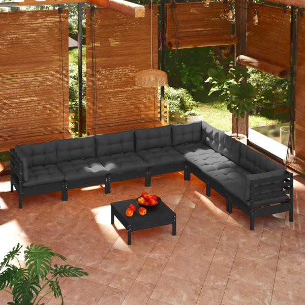 ARDEBO.de - 9-tlg. Garten-Lounge-Set mit Kissen Schwarz Massivholz Kiefer