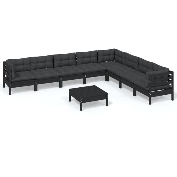 9-tlg. Garten-Lounge-Set mit Kissen Schwarz Massivholz Kiefer