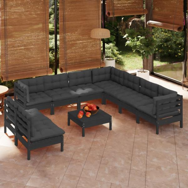 ARDEBO.de - 10-tlg. Garten-Lounge-Set mit Kissen Schwarz Massivholz Kiefer