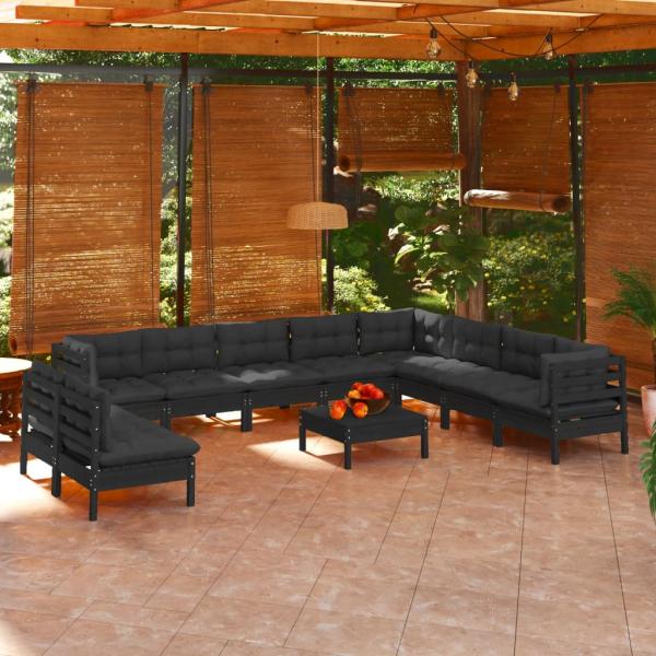 ARDEBO.de - 11-tlg. Garten-Lounge-Set mit Kissen Schwarz Massivholz Kiefer