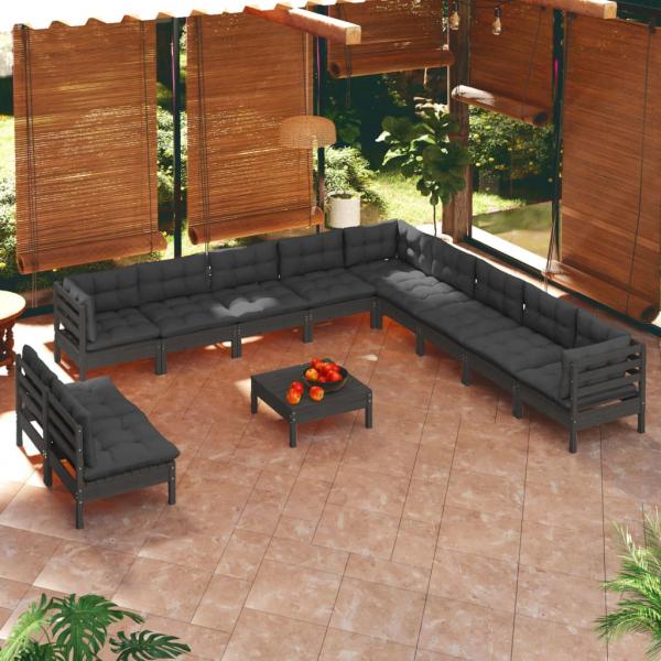 ARDEBO.de - 12-tlg. Garten-Lounge-Set mit Kissen Schwarz Massivholz Kiefer