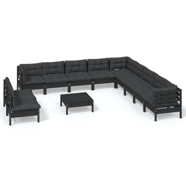 12-tlg. Garten-Lounge-Set mit Kissen Schwarz Massivholz Kiefer