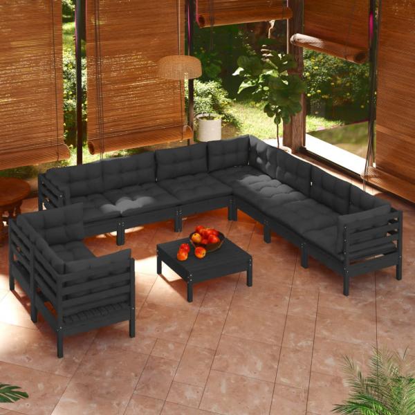 ARDEBO.de - 10-tlg. Garten-Lounge-Set mit Kissen Schwarz Massivholz Kiefer