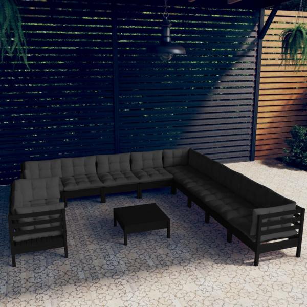 ARDEBO.de - 12-tlg. Garten-Lounge-Set mit Kissen Schwarz Massivholz Kiefer