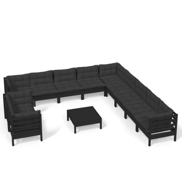 12-tlg. Garten-Lounge-Set mit Kissen Schwarz Massivholz Kiefer