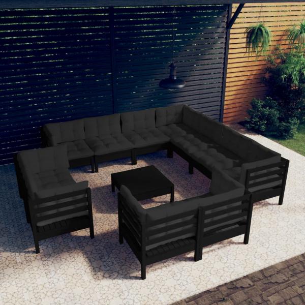 ARDEBO.de - 12-tlg. Garten-Lounge-Set mit Kissen Schwarz Massivholz Kiefer