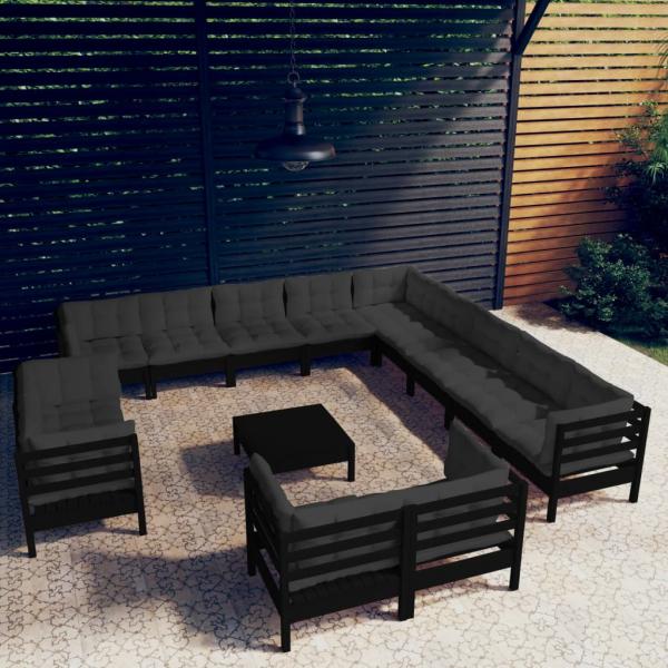 ARDEBO.de - 14-tlg. Garten-Lounge-Set mit Kissen Schwarz Massivholz Kiefer