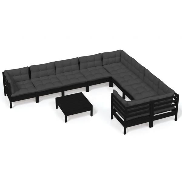 10-tlg. Garten-Lounge-Set mit Kissen Schwarz Kiefernholz