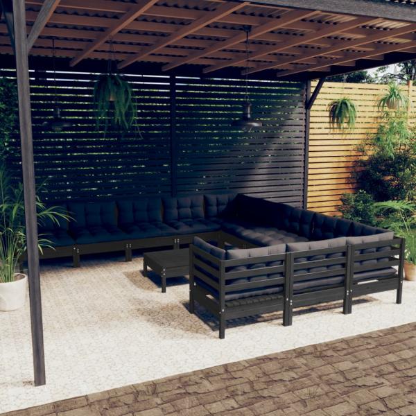 ARDEBO.de - 12-tlg. Garten-Lounge-Set mit Kissen Schwarz Kiefernholz