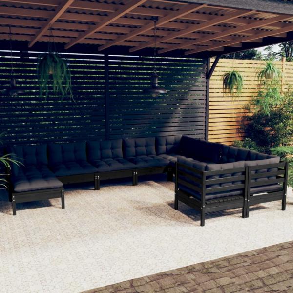 ARDEBO.de - 10-tlg. Garten-Lounge-Set mit Kissen Schwarz Kiefernholz