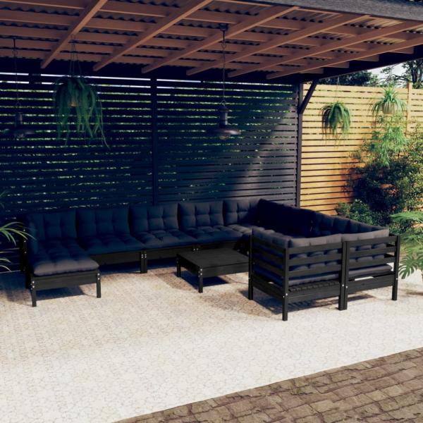 ARDEBO.de - 11-tlg. Garten-Lounge-Set mit Kissen Schwarz Kiefernholz