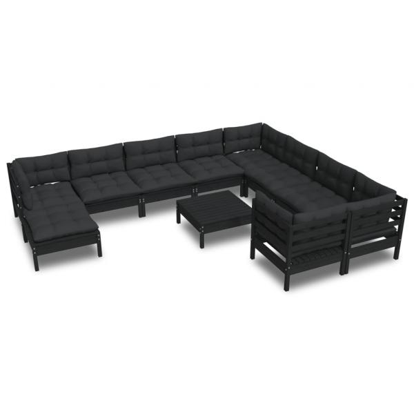 11-tlg. Garten-Lounge-Set mit Kissen Schwarz Kiefernholz