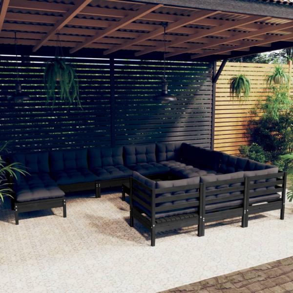 ARDEBO.de - 12-tlg. Garten-Lounge-Set mit Kissen Schwarz Kiefernholz