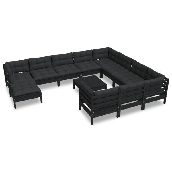 12-tlg. Garten-Lounge-Set mit Kissen Schwarz Kiefernholz