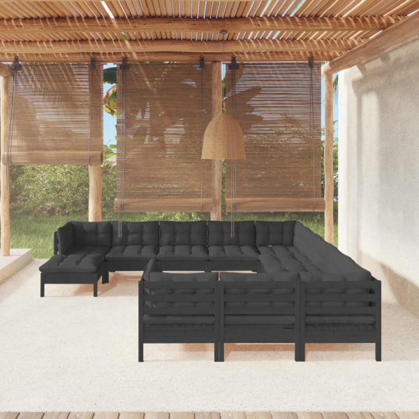 ARDEBO.de - 12-tlg. Garten-Lounge-Set mit Kissen Schwarz Kiefernholz