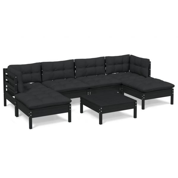 7-tlg. Garten-Lounge-Set mit Kissen Schwarz Kiefernholz