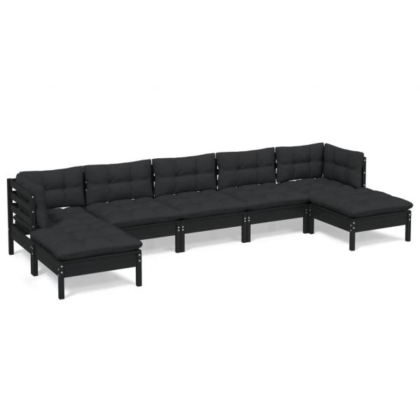 7-tlg. Garten-Lounge-Set mit Kissen Schwarz Kiefernholz