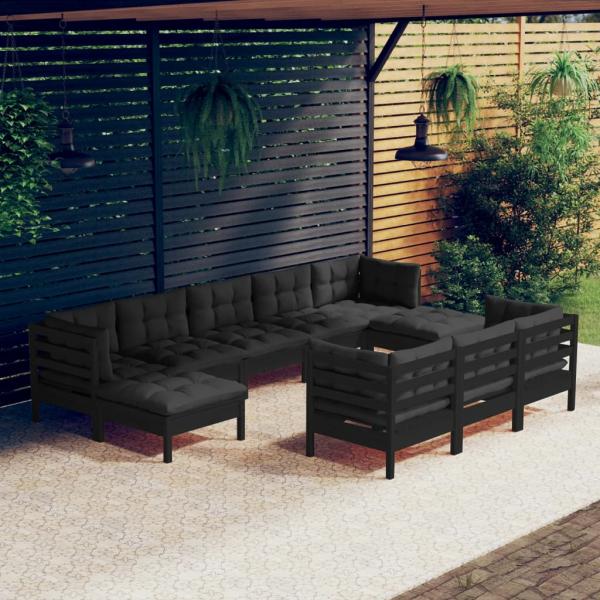 ARDEBO.de - 10-tlg. Garten-Lounge-Set mit Kissen Schwarz Kiefer Massivholz