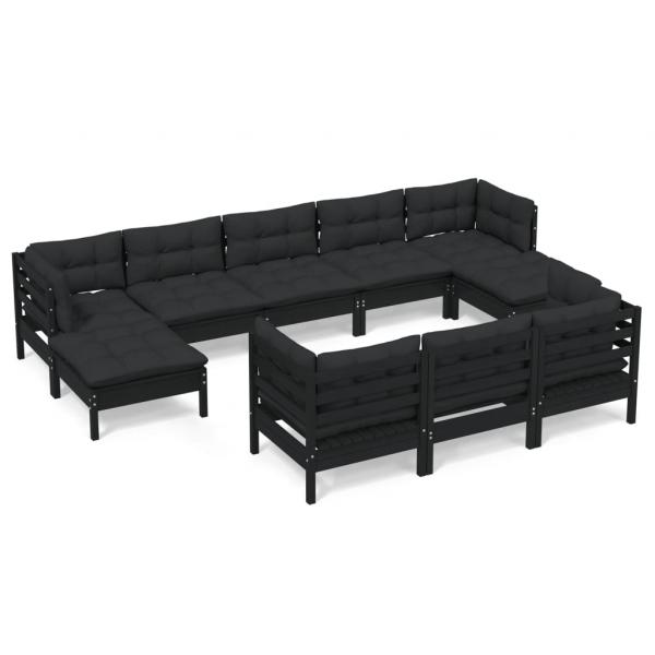 10-tlg. Garten-Lounge-Set mit Kissen Schwarz Kiefer Massivholz