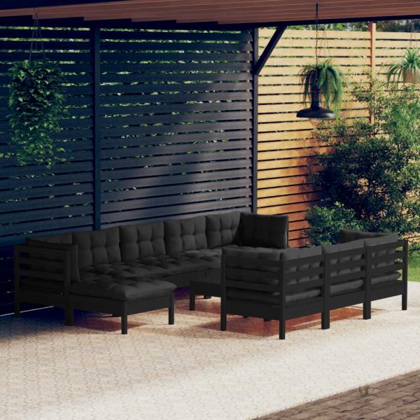 ARDEBO.de - 11-tlg. Garten-Lounge-Set mit Kissen Schwarz Kiefer Massivholz