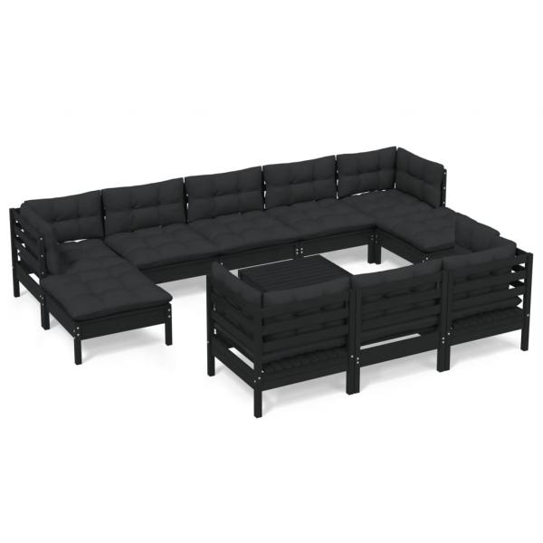 11-tlg. Garten-Lounge-Set mit Kissen Schwarz Kiefer Massivholz