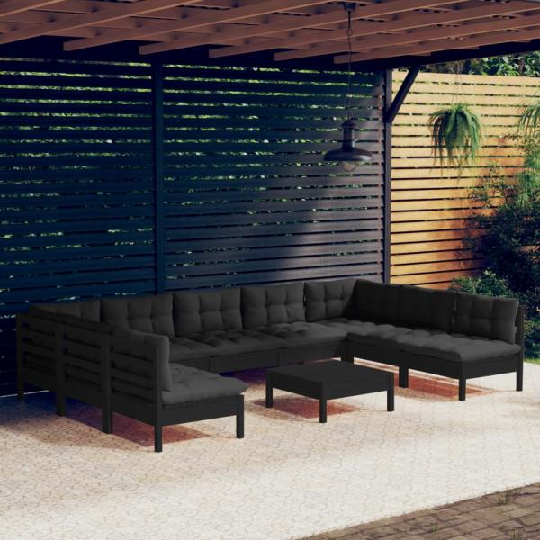 ARDEBO.de - 10-tlg. Garten-Lounge-Set mit Kissen Schwarz Massivholz Kiefer