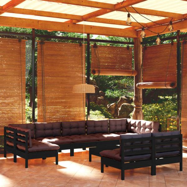 ARDEBO.de - 10-tlg. Garten-Lounge-Set mit Kissen Schwarz Massivholz Kiefer