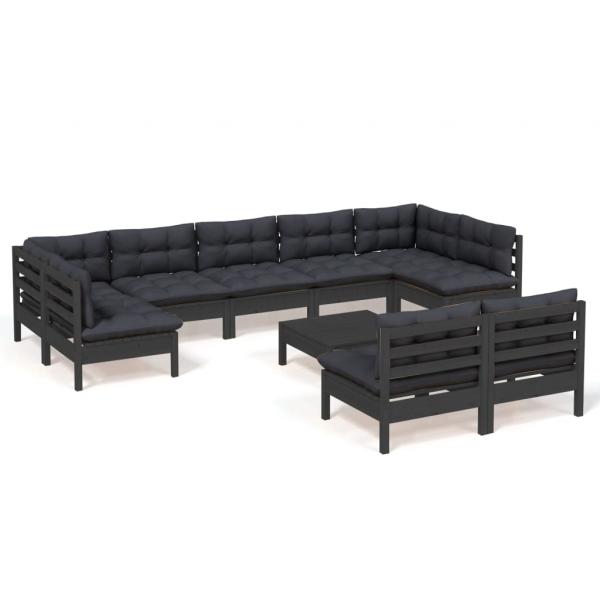 10-tlg. Garten-Lounge-Set mit Kissen Schwarz Massivholz Kiefer