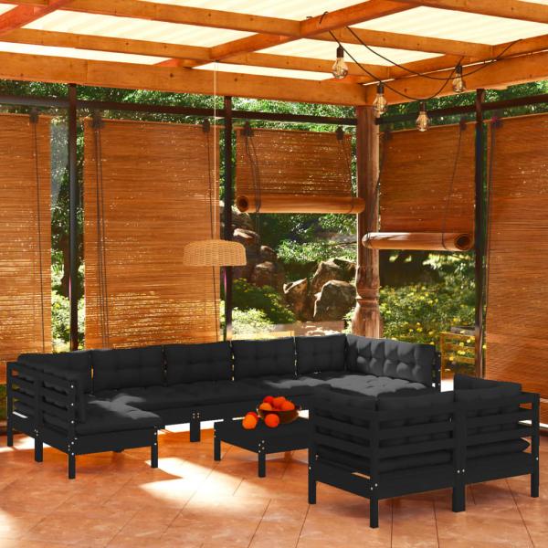 ARDEBO.de - 10-tlg. Garten-Lounge-Set mit Kissen Schwarz Massivholz Kiefer