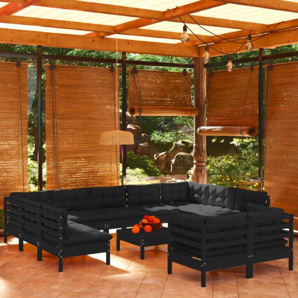 ARDEBO.de - 12-tlg. Garten-Lounge-Set mit Kissen Schwarz Massivholz Kiefer