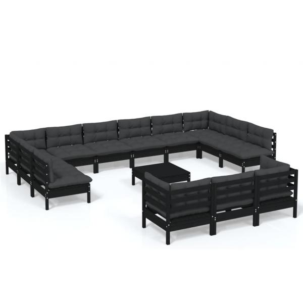 14-tlg. Garten-Lounge-Set mit Kissen Schwarz Kiefernholz