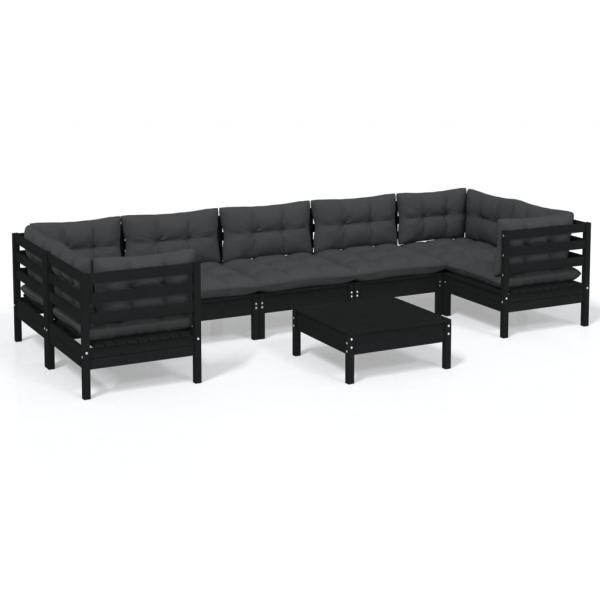 8-tlg. Garten-Lounge-Set mit Kissen Schwarz Kiefernholz