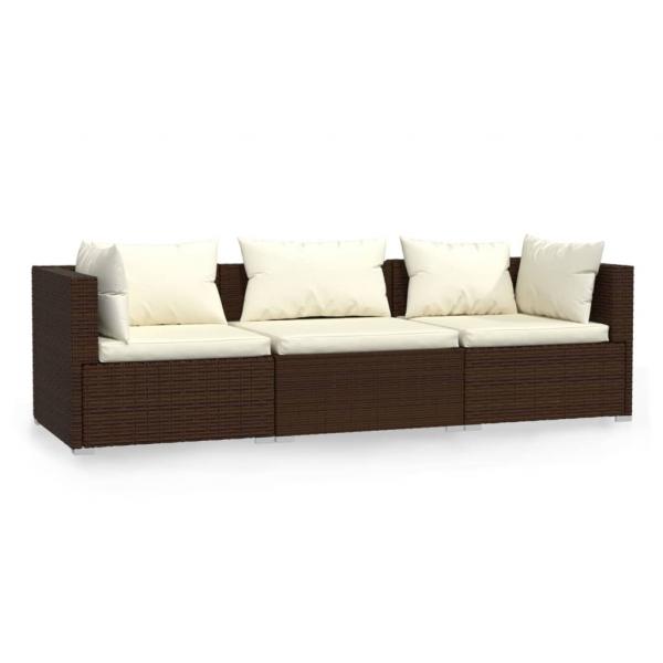 3-Sitzer-Sofa mit Kissen Braun Poly Rattan