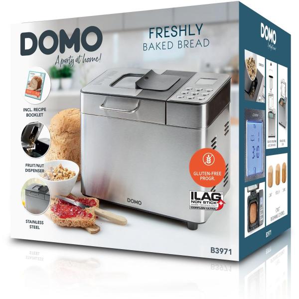 DOMO B3971 Brotbackautomat, 500W, Warmhaltefunktion, Timer, Spender für Nüsse/Früchte, Bräunungseinstellung, 18 Backprogramme, Edelstahl