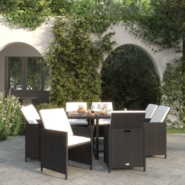 ARDEBO.de - 9-tlg. Garten-Essgruppe mit Auflagen Poly Rattan Schwarz