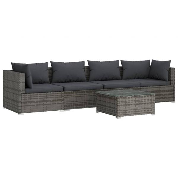 5-tlg. Garten-Lounge-Set mit Kissen Poly Rattan Grau