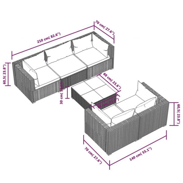 6-tlg. Garten-Lounge-Set mit Kissen Poly Rattan Grau