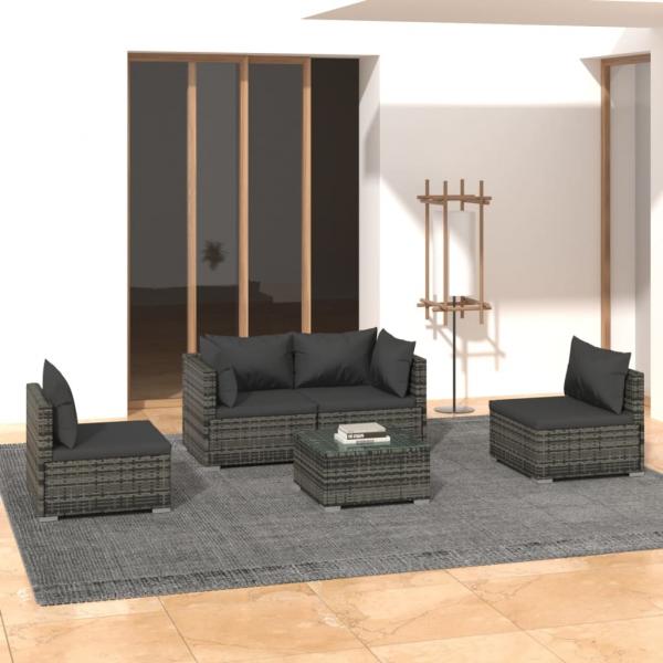 ARDEBO.de - 5-tlg. Garten-Lounge-Set mit Kissen Poly Rattan Grau