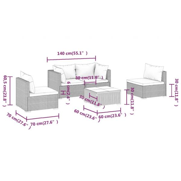 5-tlg. Garten-Lounge-Set mit Kissen Poly Rattan Grau