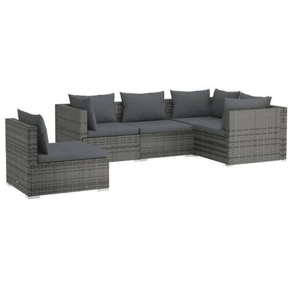 5-tlg. Garten-Lounge-Set mit Kissen Poly Rattan Grau