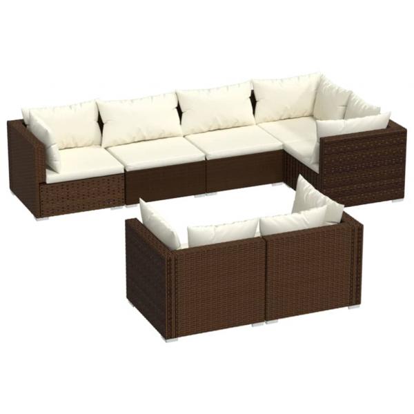 7-tlg. Garten-Lounge-Set mit Kissen Braun Poly Rattan