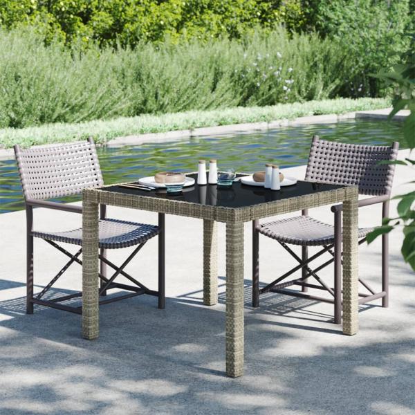 ARDEBO.de - Gartentisch 90x90x75 cm Gehärtetes Glas Poly Rattan Grau