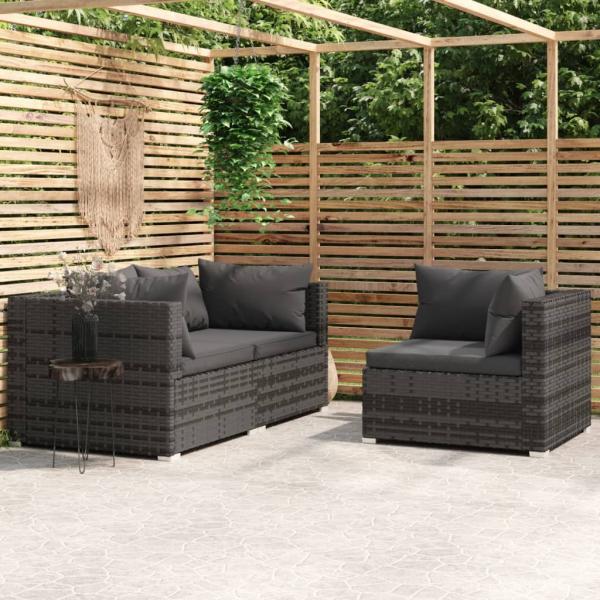 ARDEBO.de - 3-tlg. Garten-Lounge-Set mit Kissen Grau Poly Rattan