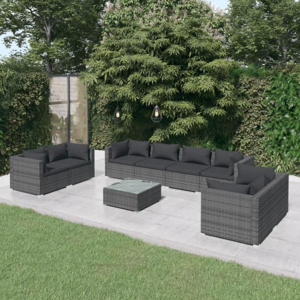 ARDEBO.de - 9-tlg. Garten-Lounge-Set mit Kissen Poly Rattan Grau