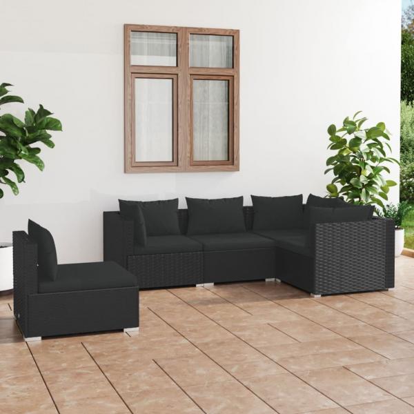 ARDEBO.de - 5-tlg. Garten-Lounge-Set mit Kissen Poly Rattan Schwarz