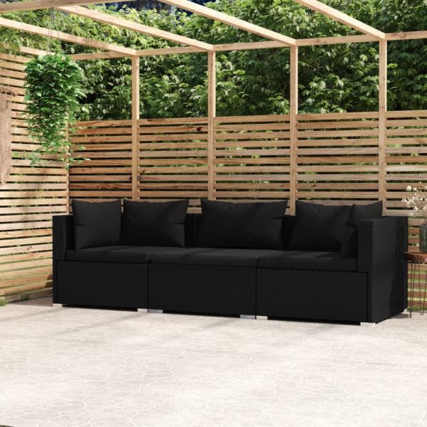 ARDEBO.de - 3-Sitzer-Sofa mit Kissen Schwarz Poly Rattan