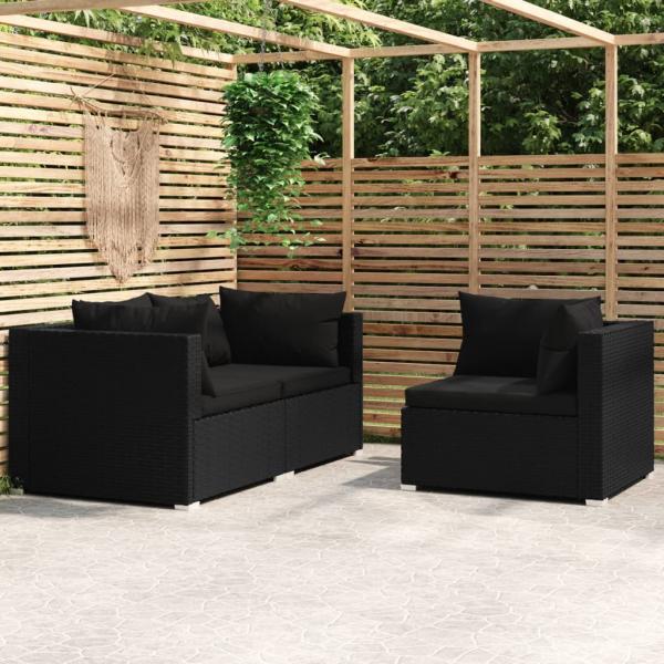 ARDEBO.de - 3-tlg. Garten-Lounge-Set mit Kissen Schwarz Poly Rattan