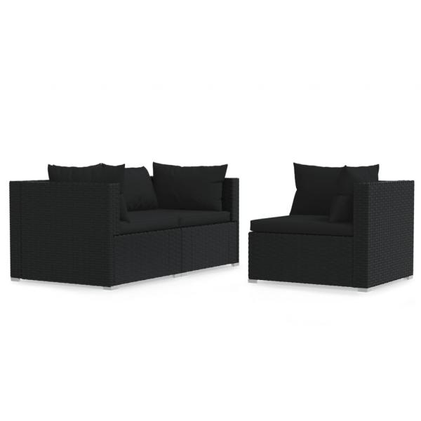 3-tlg. Garten-Lounge-Set mit Kissen Schwarz Poly Rattan